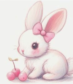 a pastel drawing of a bunny holding a cherry