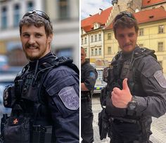 two men in police uniforms giving the thumbs up sign and another man with sunglasses on his head