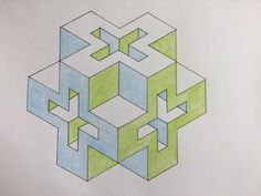 a drawing of an abstract design in blue, green and white