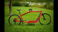 a red bicycle parked in the grass next to a tree