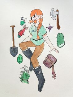 a drawing of a woman holding a shovel and some other things on the ground next to her