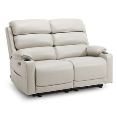 the reclining loveseat is shown in white leather