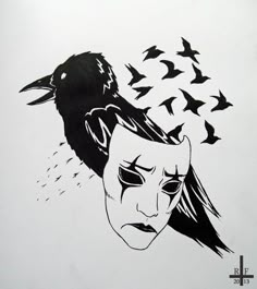 a black and white drawing of a woman's face with birds flying around her