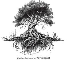 an ink drawing of a tree with its roots exposed