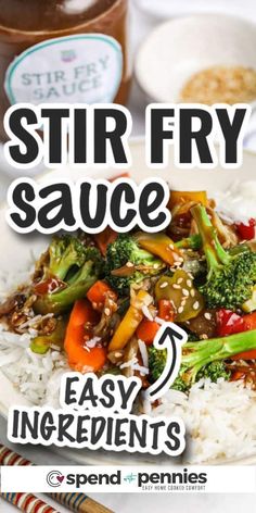 stir fry sauce with broccoli, carrots and other vegetables on top of rice