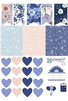 a collage of blue and pink paper with hearts, flowers, and other items