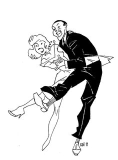 a black and white drawing of a couple dancing