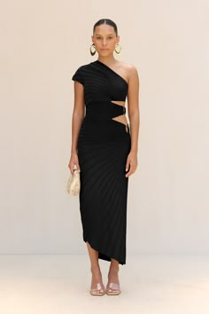 CULT GAIA LURENZ KNIT DRESS IN BLACK Black Dress With Gold Rings, Long Asymetric Dress, Sleek Ribbed Party Dress, Modern Black Asymmetrical Party Dress, Black Ribbed Evening Dress, Summer Black Tie Wedding Guest Dress, Cult Gaia Dress, Day Party Dress, Fall Cocktail Dress