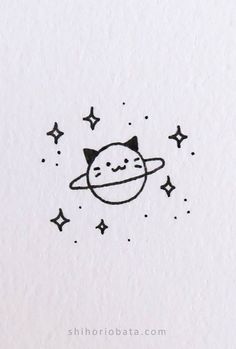 a black and white drawing of a cat in the sky with stars around it's head