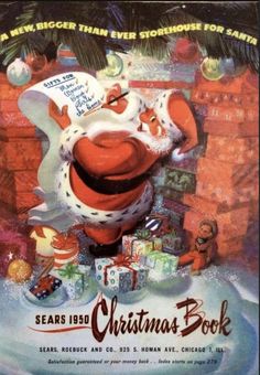 an advertisement for sears's christmas book, featuring santa claus and other holiday items