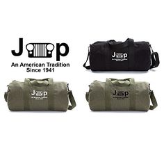 three duffel bags with jeep emblems on the front and back, one is green