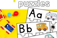 two puzzles with the words abc, b and c in front of them on a yellow background