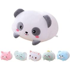 a stuffed panda bear floating in the air with other small animals around it's neck