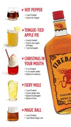 5 Fireball Whiskey Drinks to Try! Cinnamon Whiskey Drinks, Alcoholic Slush Recipes, Fireball Recipes, Bartender Drinks Recipes, Cinnamon Whiskey, Drinks To Try, Fireball Whiskey