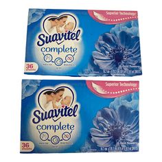 two boxes of suaviel complete diapers with blue flowers on the front and bottom