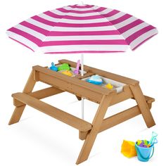 3-in-1 Kids Sand & Water Table Outdoor Wood Picnic Table w/ Umbrella Activity Bins, Wood Picnic Table, Sand Water Table, Outdoor Yard Games, Outdoor Umbrella Bases, Sand And Water Table, Kids Sand, Sand Table, Table Outdoor