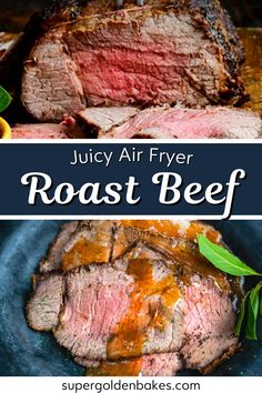 juicy air fryer roast beef on a blue plate