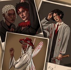 four different pictures of people dressed in costumes and holding knives, with blood on their faces