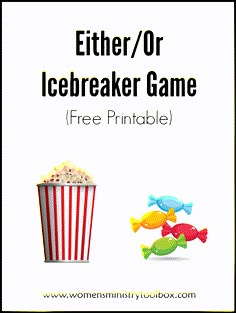 an image of a popcorn box with the text, either or icebreaker game free printable