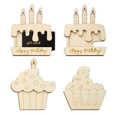 four wooden cupcakes with happy birthday written on them