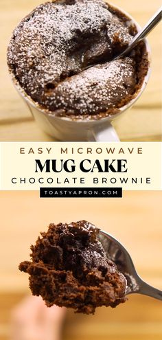 chocolate microwave mug cake is being held by a spoon