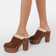 TAAFO Brown Vegan Suede Shearling-trimmed Studded Platform Chunky Heel Clogs US 3 / EU 33-Brown High Heel Clogs, Studded Shoes, Platform Clogs, Clog Heels, Pu Heels, Platform Heels Chunky, Brown Heels, Boots Fall, Suede Pumps