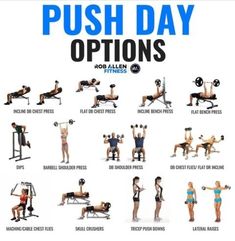 a poster with the words push day options and pictures of people doing different things in front of