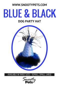 a blue and black party hat with feathers on the top is featured in an ad for snooty pets