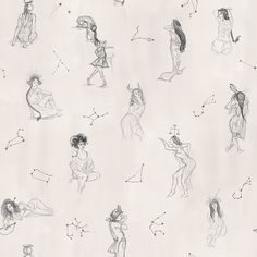 several drawings of people and zodiac signs on paper