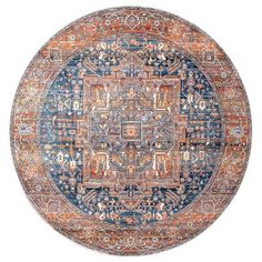 an orange, blue and brown rug on a white background with lots of small details