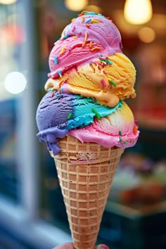 a hand holding an ice cream cone with sprinkles and rainbow colored icing