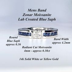 a white gold ring with blue sapphire stones on the side and an ad for men's band