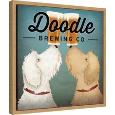 two dogs are looking at each other with beer glasses on their heads and the words doodle brewing written above them