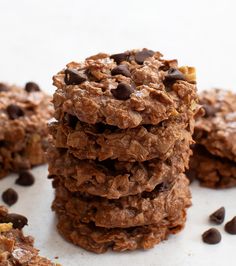 chocolate chip cookies stacked on top of each other