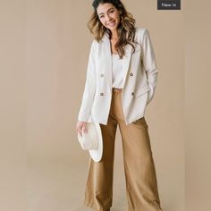 Super Cute And Versatile Cream Fully Lined Blazer Ivory Blazer Outfit, Cream Blazer Outfits For Women, Tan Trousers Outfit, Cream Blazer Outfit, Shirt Jacket Womens, Cream Suit, Striped Linen Shirt, Cream Blazer, Purple Jacket