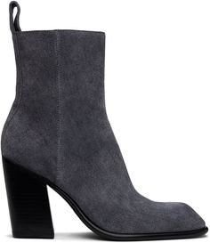 Ankle-high calfskin suede boots in gray. · Ribbed detailing throughout · Square toe · Zip closure at inner side · Concealed elasticized gusset at inner side · Pull-loop at heel · Buffed calfskin lining · Logo plaque at stacked leather block heel · Polished leather sole with rubber injection · Heel: H3.5 Supplier color: Grey Alexander Wang Boots, Leather Block Heels, Suede Boots, Alexander Wang, Block Heels, Apparel Accessories, Calf Skin, Ankle Boots, Alexander