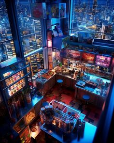 an aerial view of a city at night from the top of a restaurant in tokyo