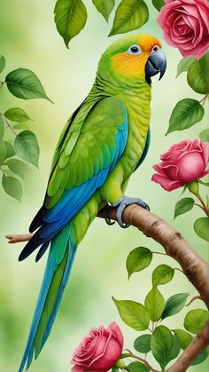 a painting of a green parrot perched on a branch with pink roses in the background