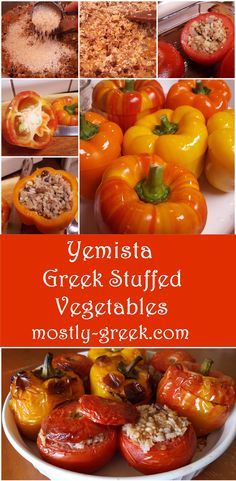 several pictures of different types of vegetables with words overlay that says gemisa greek stuffed vegetables mostly greek