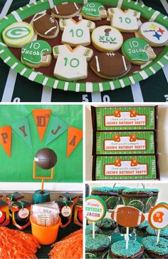 a football themed party with cookies, cupcakes and treats