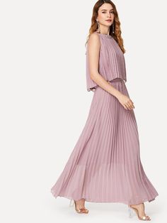 Pleated Top, Sleeveless Long Dress, Pink Maxi, Flowy Maxi Dress, Round Neck Dresses, Pleated Maxi Dress, Women Long Dresses, Dress C