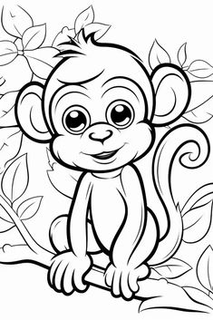 a cartoon monkey sitting on top of a tree branch with leaves around its neck and eyes