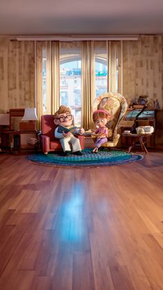 two cartoon characters sitting on a chair in a living room with wood floors and large windows