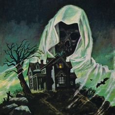 a painting of a house with a ghost in front of it