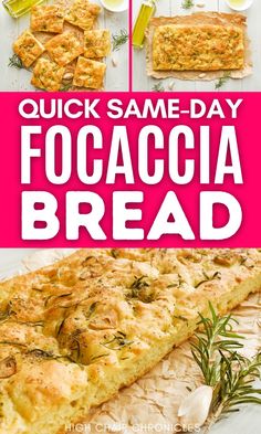 the recipe for focaccia bread is shown in three different pictures with text that reads quick same - day focaccia bread