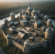 an aerial view of a castle with lots of towers