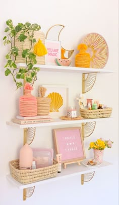 some shelves with baskets and other items on them