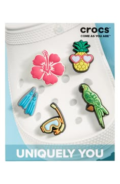 Colorful, fun and perfect for personalizing your CROCS, this set of five tropical vacay-inspired charms is also great for trading or sharing with friends. Warning: Choking hazard. Small parts. Not for children under 3 years Pack of five assorted charms PVC Imported | Jibbitz Tropical Resort Assorted 5-Pack Shoe Charms Preppy Jibbitz, Beach Jibbitz, Crocks Jibbitz, Jibits For Crocs, Preppy Crocs, Jibbitz Crocs Ideas, Crocs Pins, Charms Crocs, Croc Jibbitz