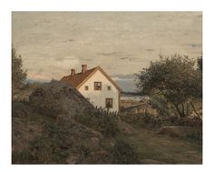 a painting of a house sitting on top of a hill next to some trees and rocks