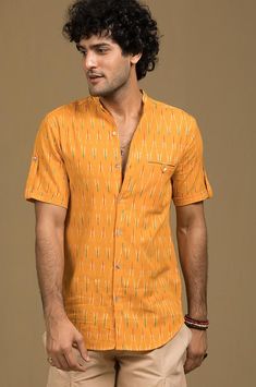 Ikat Shirts For Men, Ikkat Kurta Designs For Men, Ikkat Kurta Designs, Kurta Designs For Men, Mens Dresses, Chudi Neck Designs, Shirt Styling, Shirts Pattern